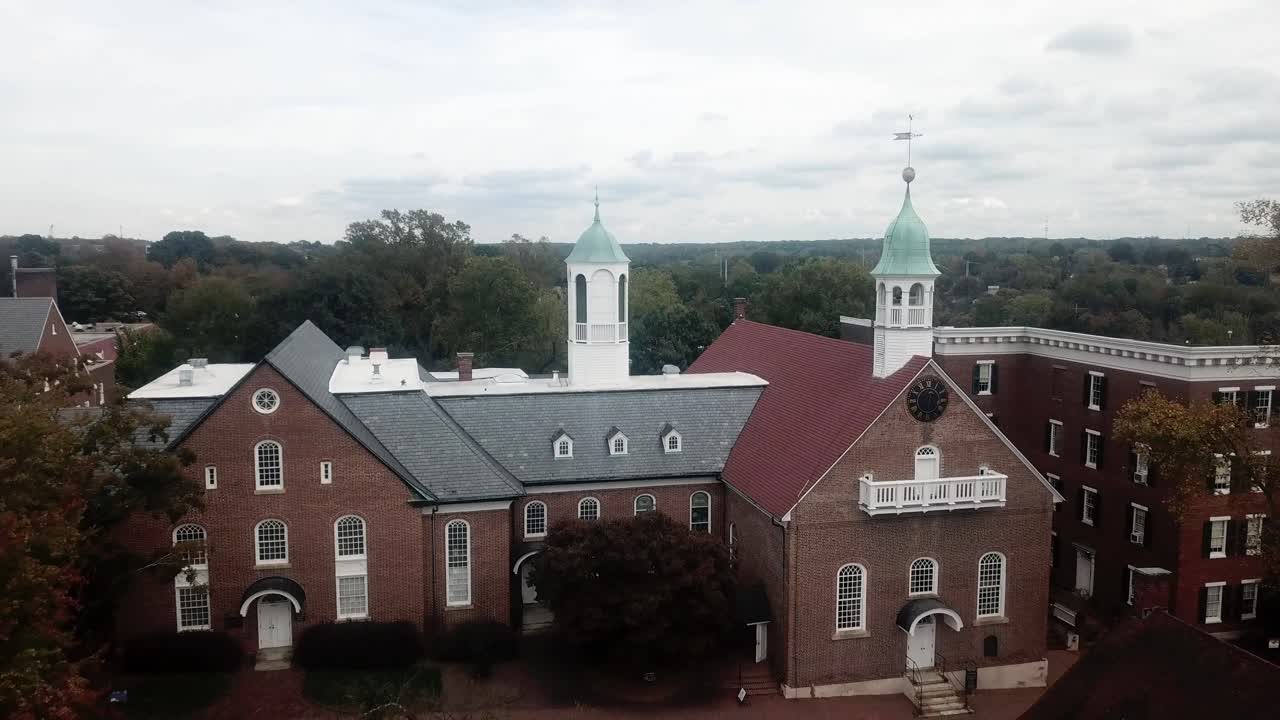 Aerial Pullout Home Moravian Church in Old Salem in Winston Salem NC in Fall