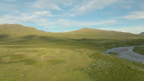 aerial shot of vast green meadows in scandinavian countryside - relaxing scene