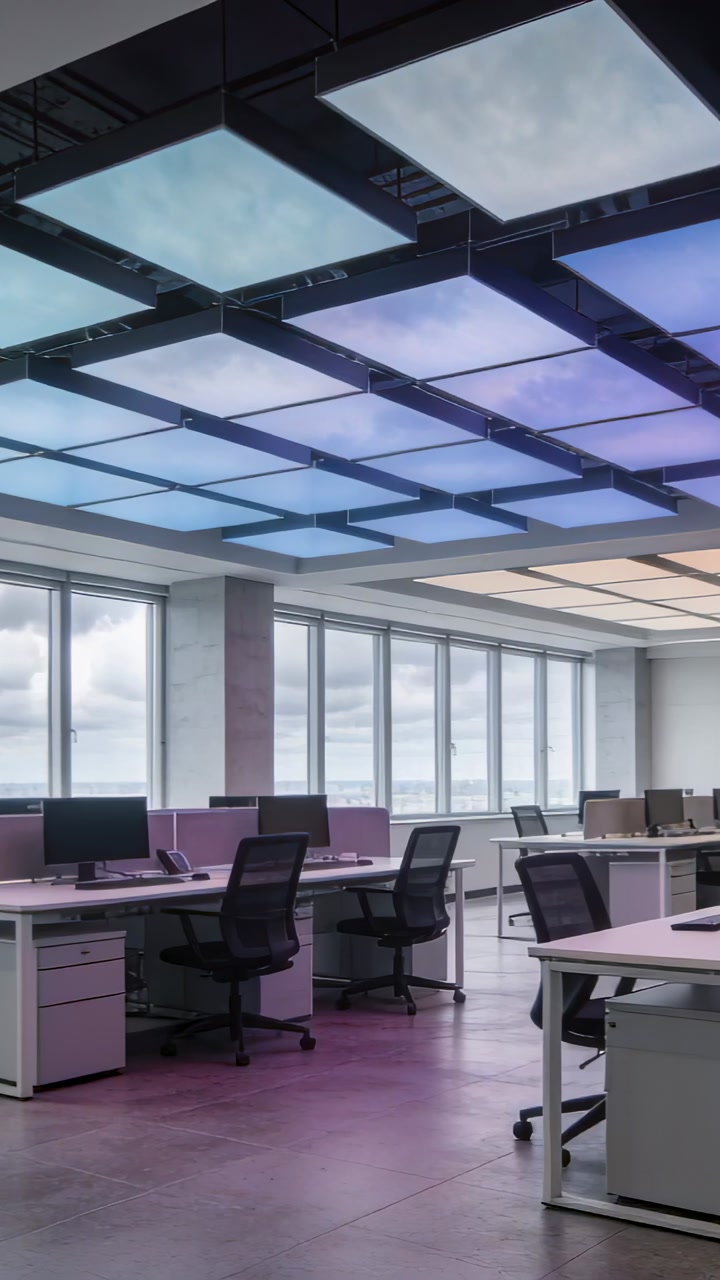 Vertical video: Shifting LED panels bathing open-plan office in color, tinting desks and monitors