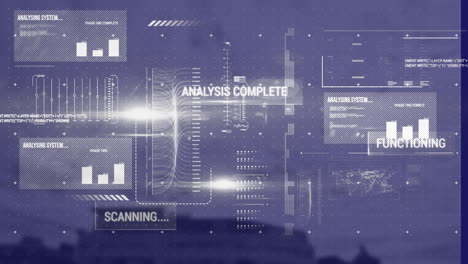 animation of interface with data processing against aerial view of cityscape