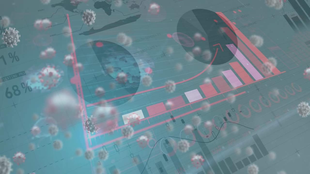 animación de células de covid 19 flotando sobre las estadísticas en el fondo