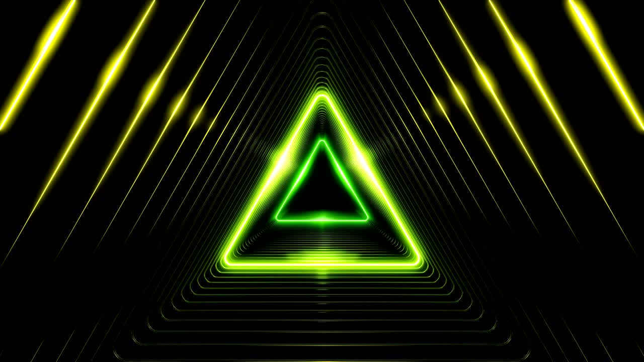 아름다운 추상적인 삼각형 터널, 빛의 선이 빠르게 움직이고, 다양한 색의 무지개, 네온 조명과 함께 미래의 터널 배경, 루프 3d 애니메이션 예술 개념.