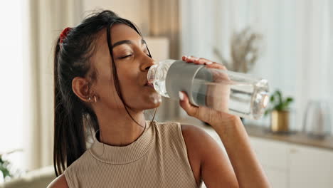 drinking water, yoga or indian woman in home