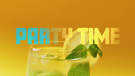 animation of party time text over cocktail on orange background