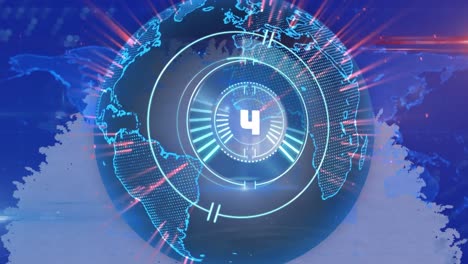 animation of safe lock with countdown over glowing global network on grey and blue background