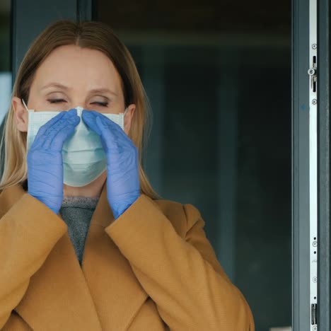 A-Woman-Wears-A-Protective-Mask-At-The-Exit-Of-The-House-1