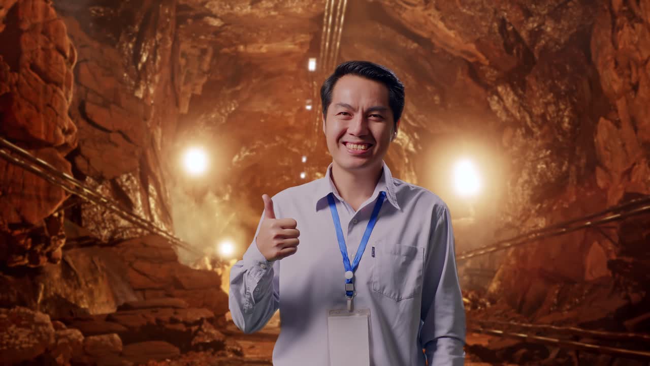 Shot Captures Of An Asian Male Professional Worker Standing In Underground Mine Tunnel, His Broad Smile At The Camera And Thumbs Up