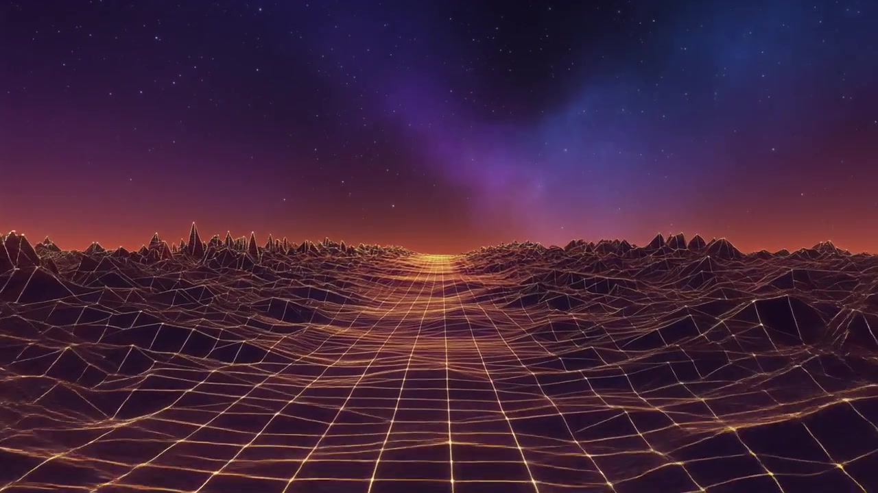Retro Synthwave Style Digital Landscape with Glowing Grid and Starry Sky
