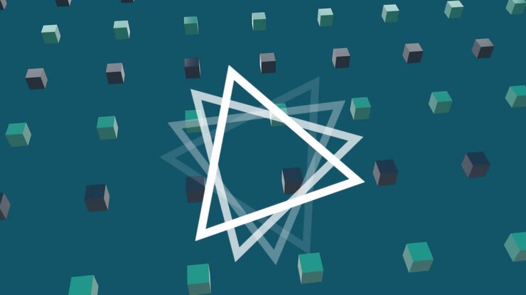 Animation of triangle and 3d shapes over blue background