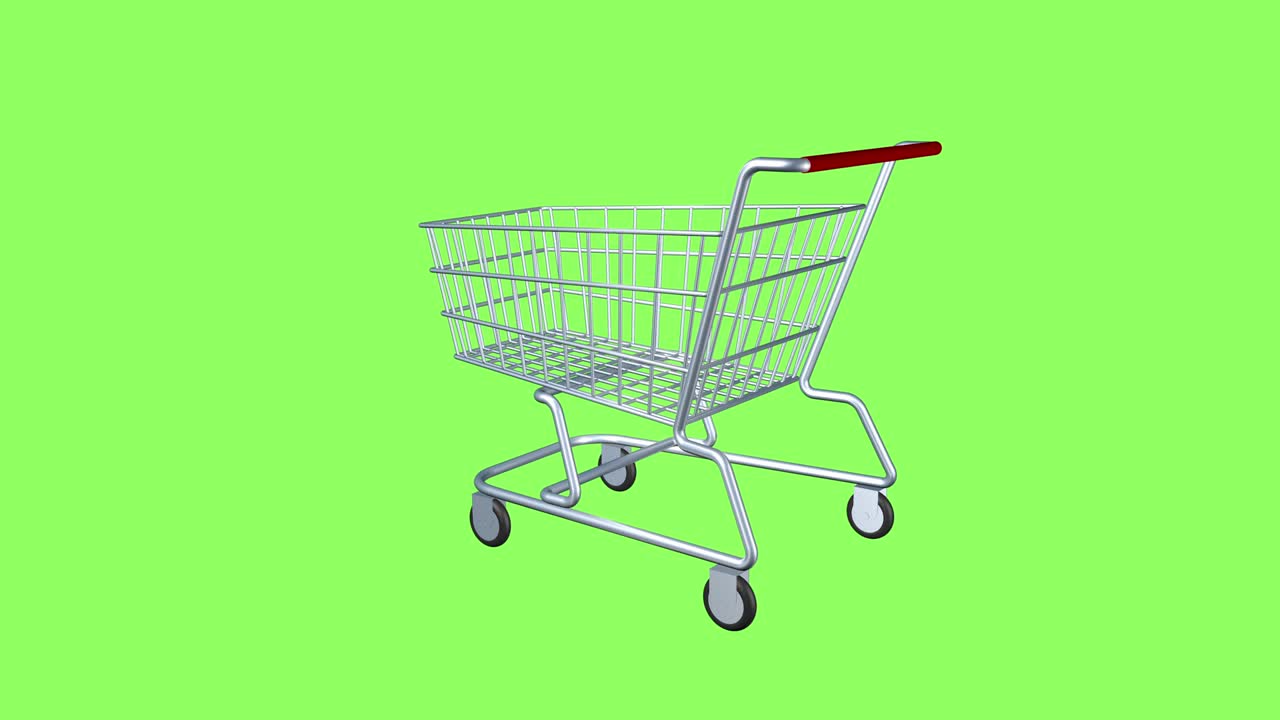 carrito para comprar en la tienda y el supermercado. animación de bucle sin costuras en un fondo de pantalla verde aislado.