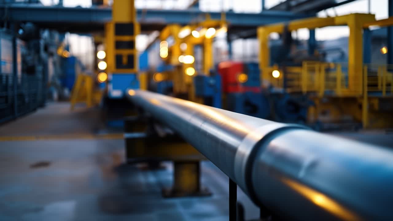 Prospettiva focalizzata su una conduttura industriale in ambiente di fabbrica con sfondo sfocato e macchinari illuminati, creando un'atmosfera dinamica sul luogo di lavoro.