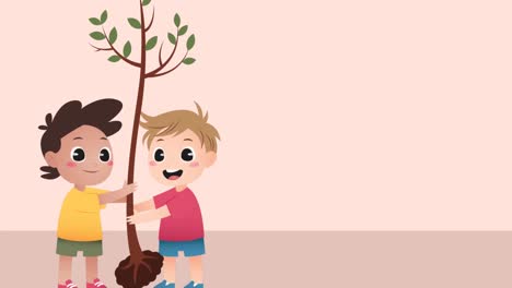 animation of boys with plant icon on beige background