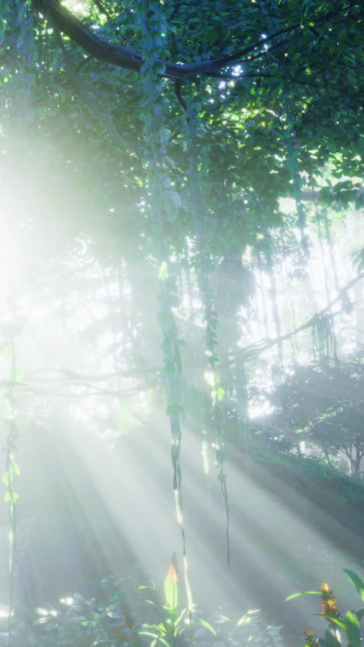 Sunlight shines through trees in a forest with vibrant plants around