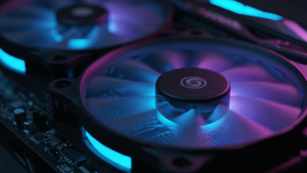 High-Performance Cooling: Close-up of Dual RGB Fans in an Advanced Computer System, Showcasing Dynamic Lighting and Efficient Airflow Technology