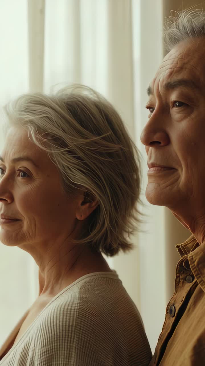 Vertical video: Facing couple by window light via curtains making woman closing eyes, man watching
