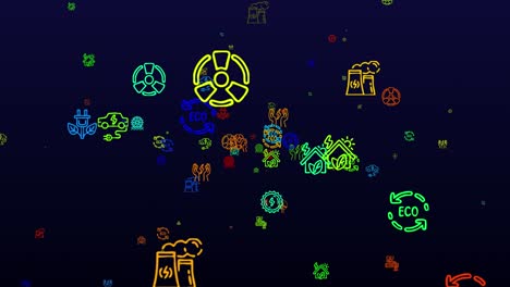 ahorro de energía. iconos de neón de fondo. patrón sin costuras. animación de bucle. pequeños iconos multicolores, ilustraciones o logotipos aparecen, vuelan lentamente sobre un fondo negro