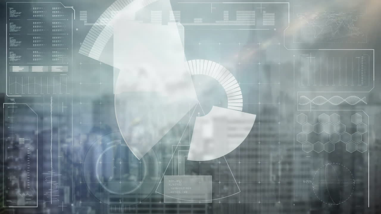 Animation of data charts overlaying urban cityscape with digital interface