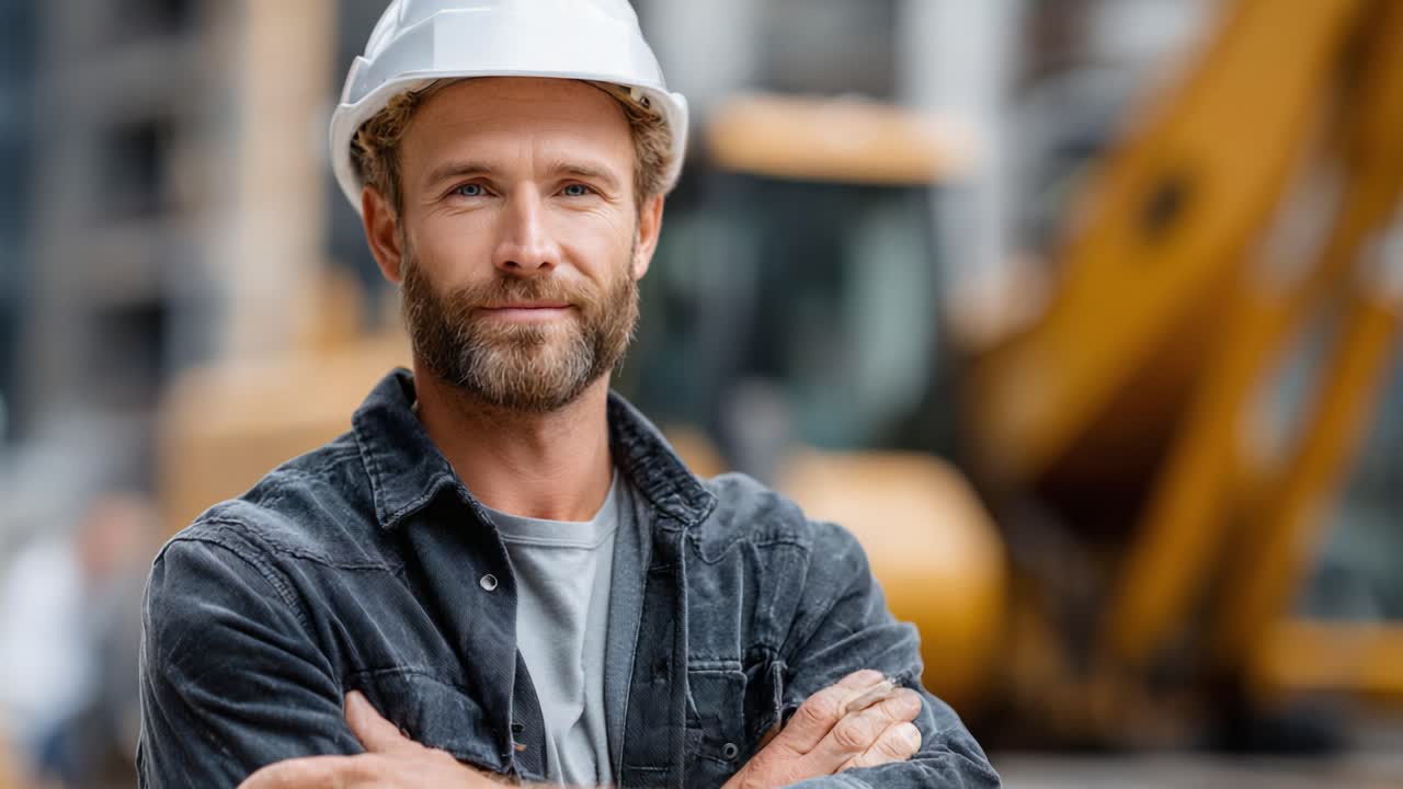 Confident Construction Worker with Hard Hat and Beard, Posing Strongly at a Building Site with Heavy Machinery in Background, Projecting Professionalism and Safety