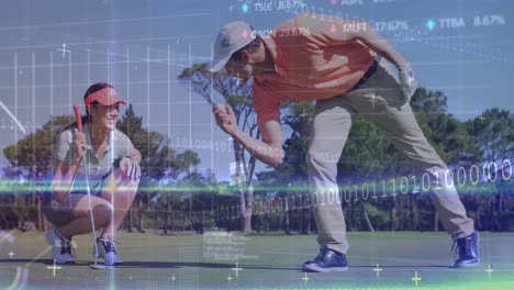 animación del procesamiento de datos sobre jugadores de golf caucásicos.