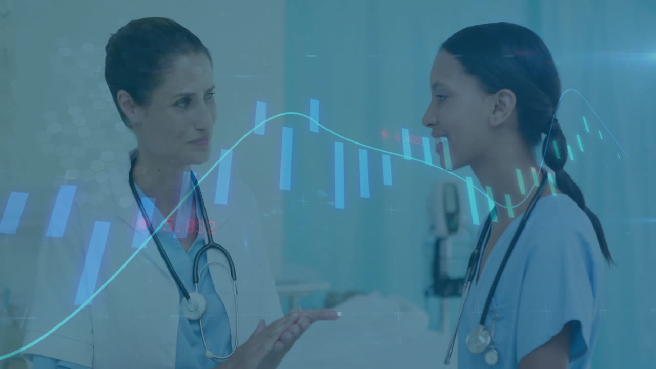 Medical data analysis animation over healthcare professionals in hospital