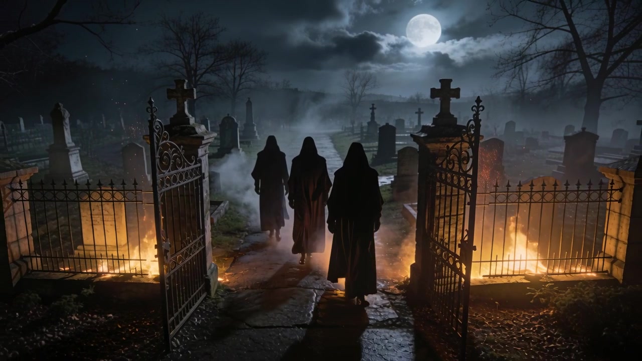 Tre figure incappucciate e ammantate camminano lungo un sentiero del cimitero dalle tombe, con cancello di ferro e fuochi.