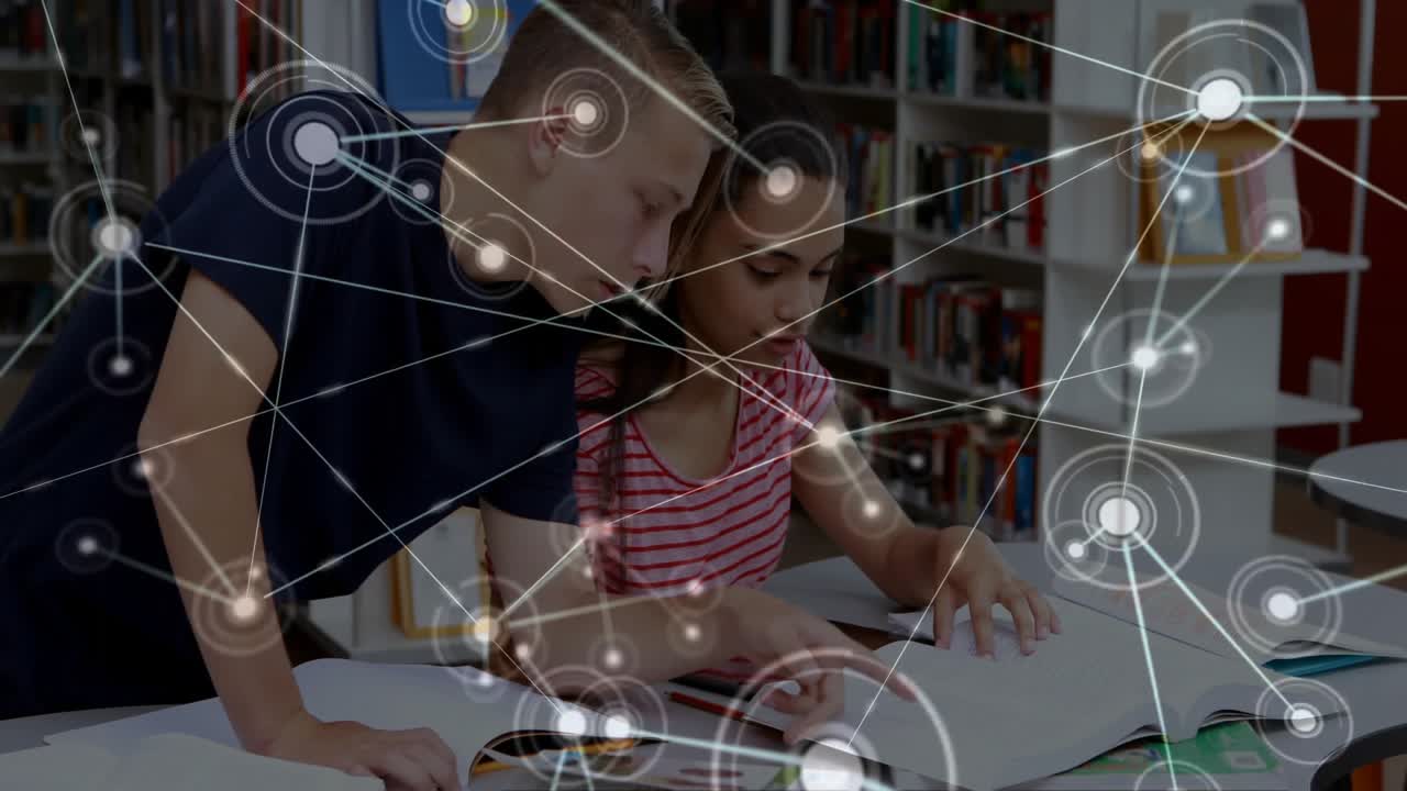 Teen boy leaning on book girl tracing text heads moving activating shimmering network mapping study