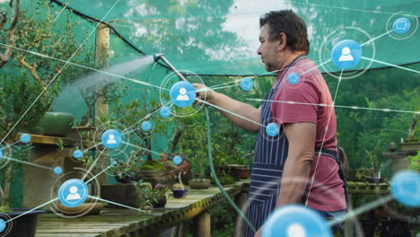 watering plants, man surrounded by network connections animation in virtual setting