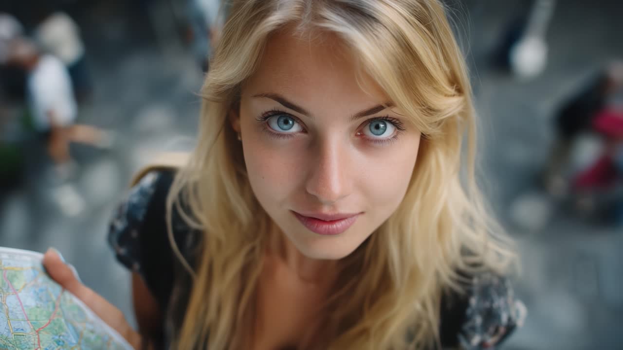 Una giovane donna con degli straordinari occhi azzurri guarda in su mentre tiene in mano una mappa in un contesto urbano, catturando lo spirito di avventura ed esplorazione nella città