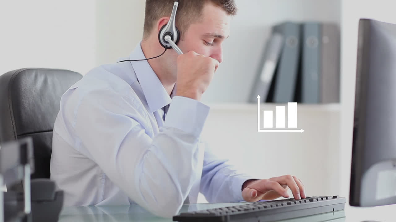 Animazione di icona statistica su uomo d'affari che indossa un auricolare telefonico