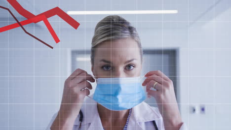 female doctor adjusting surgical mask in clinical corridor, displaying red downward graph overlay
