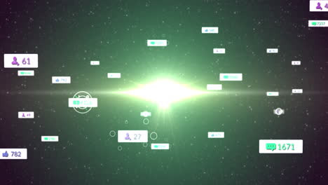 Animation of social media icons and numbers on white banners over stars on green sky