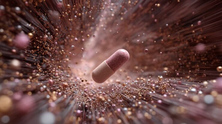 Esplorazione dinamica di una capsula circondata da un'esplosione di particelle colorate che creano un'illusione cosmica eterea e astratta