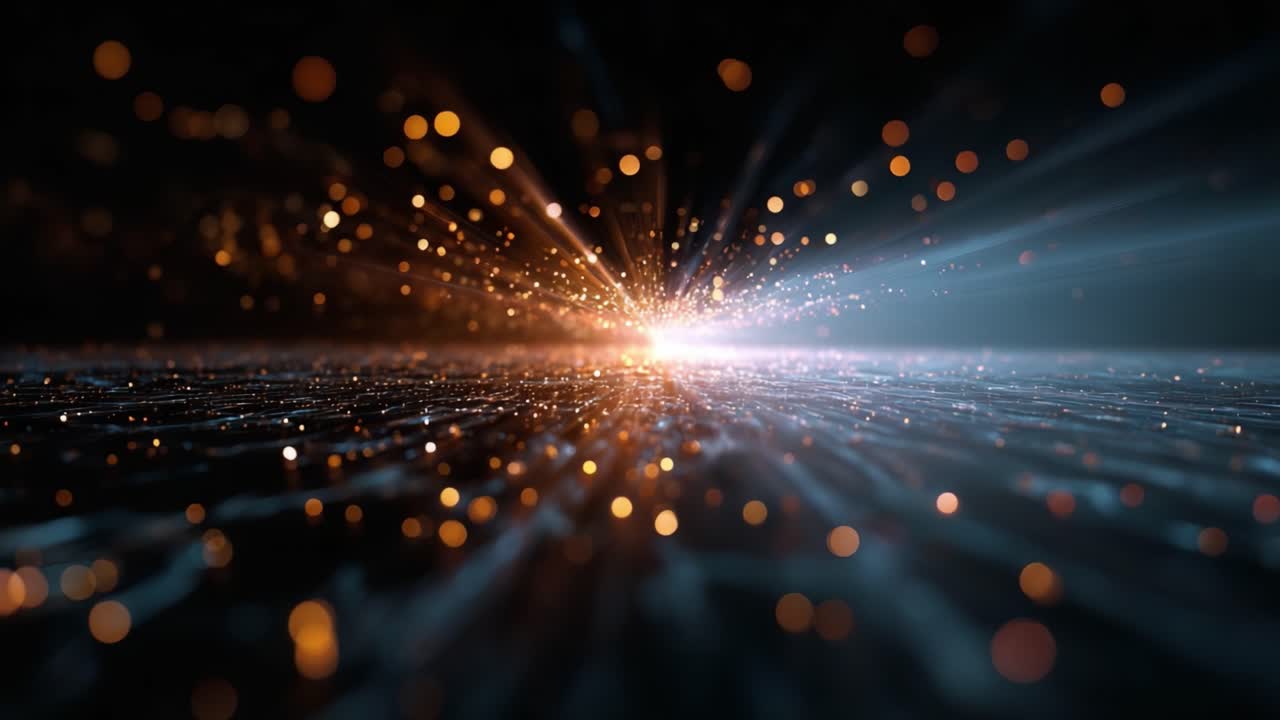 Captivating display of radiant light particles bursting from a vibrant horizon, filled with shimmering sparks and energizing movement in a mesmerizing visual scene