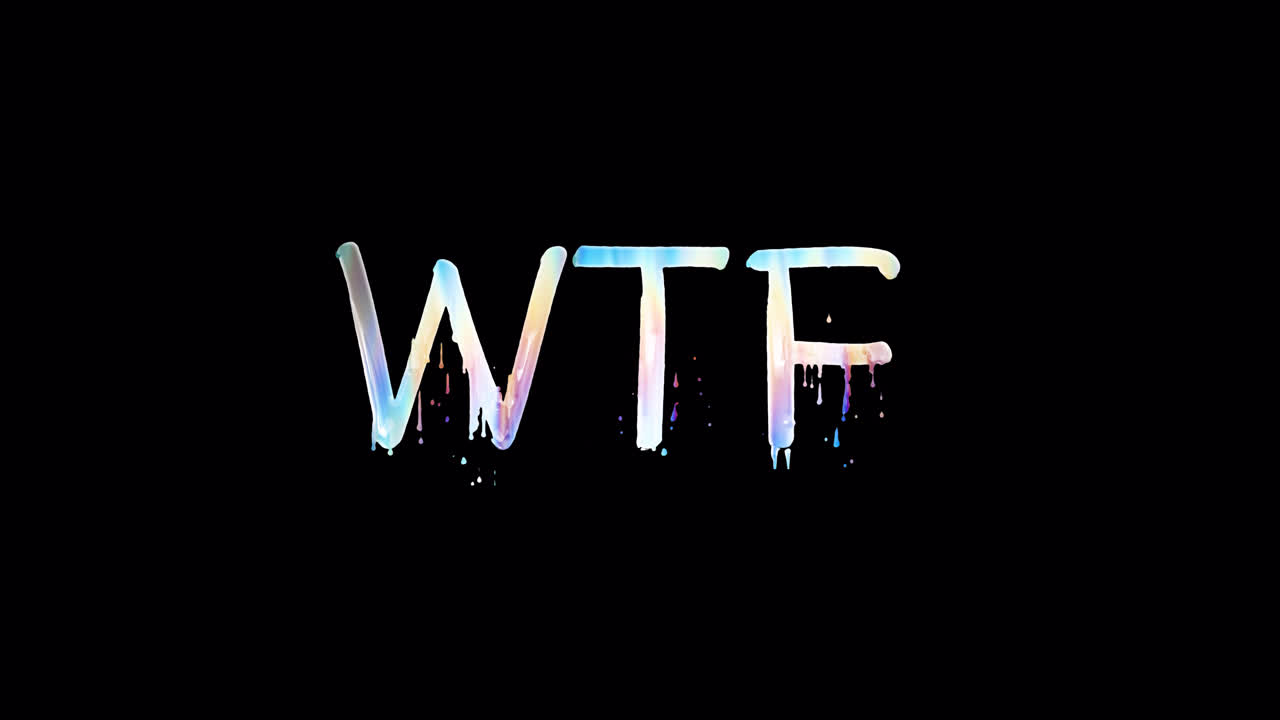 Farverig dryppende WTF-tekstanimation på sort baggrund