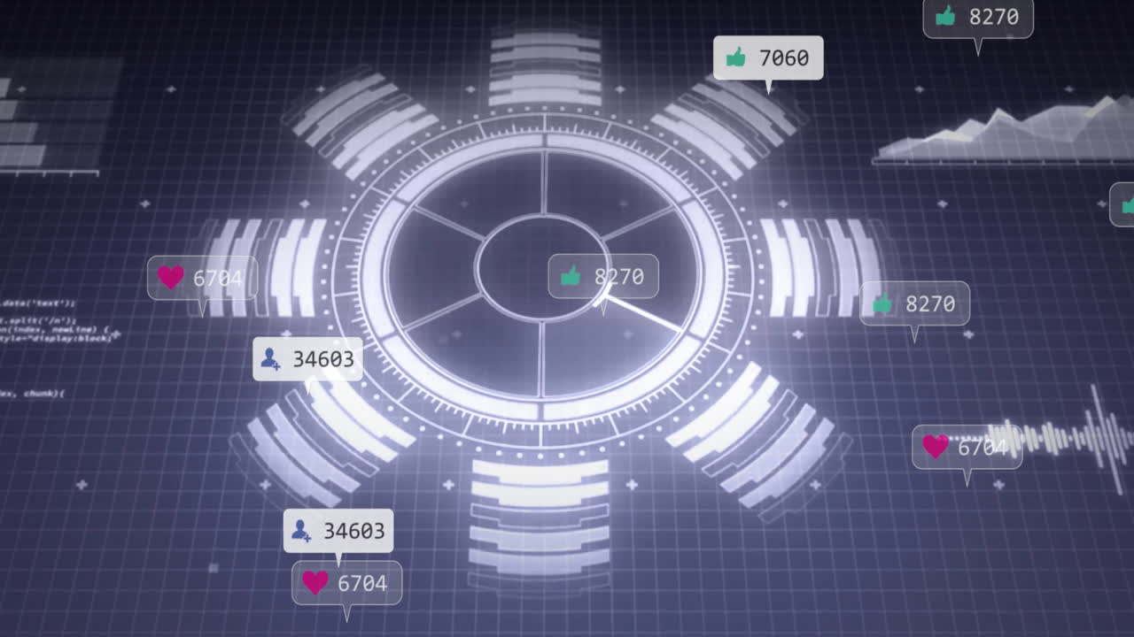 Social media engagement metrics animation over futuristic circular interface