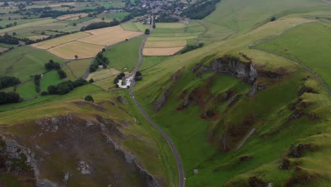 aerial footage over winnats pass, peak district, uk
