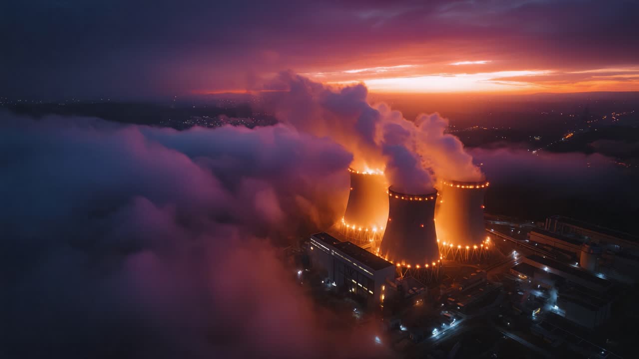 Tramonto drammatico che sovrasta una centrale nucleare avvolta da fitta nebbia, mettendo in risalto le torri di raffreddamento e l'emissione di vapore in un paesaggio accattivante