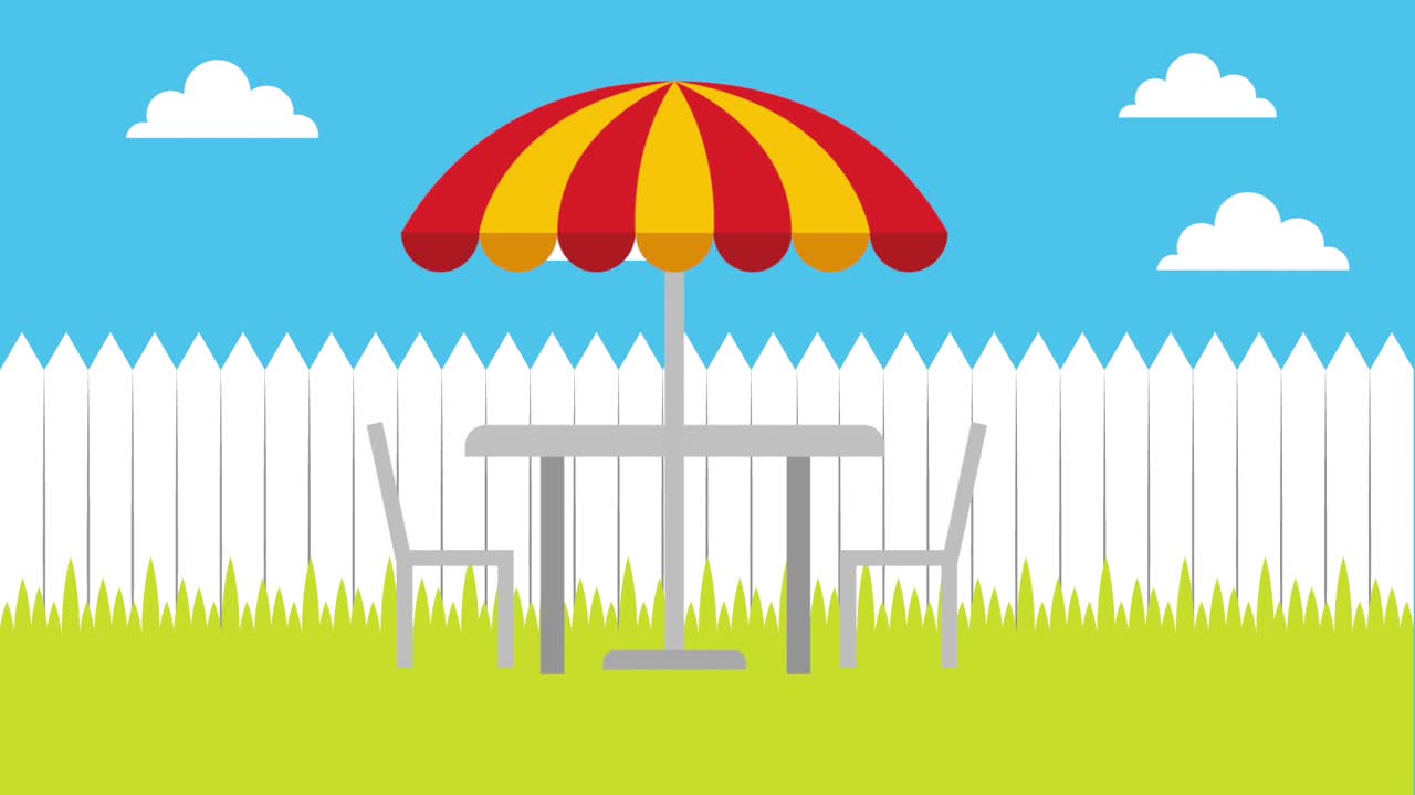 sillas de mesa sombra de sol valla blanca en el prado nubes pájaros