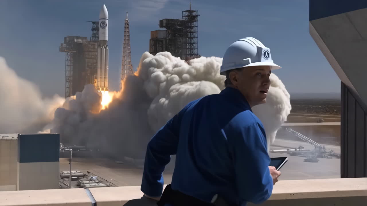 An engineer observes a rocket launching from a launchpad