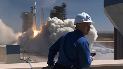 an engineer observes a rocket launching from a launchpad