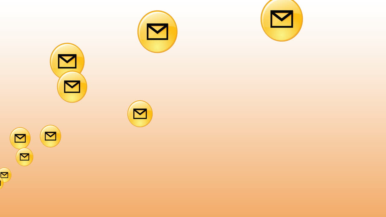 Animazione digitale di più icone di messaggio su banner rotondo che fluttuano su sfondo sfumato.
