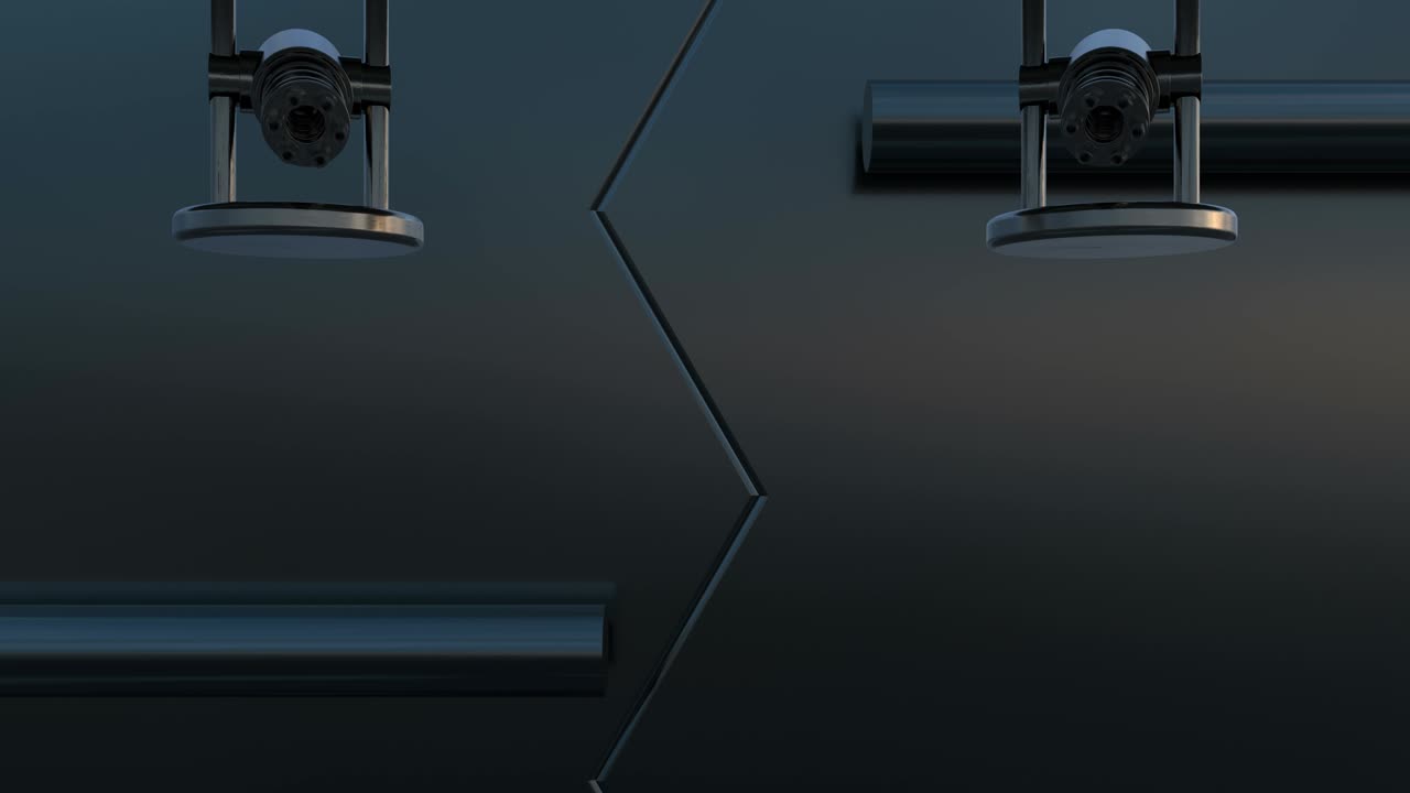 금속 게이트웨이를 닫는 3d 애니메이션, 오토 타 (가틀링 기관총) 과 사격, 사이버 보안 시스템 작업 과정, 알파 채널과 함께 미래 기술 추상화.