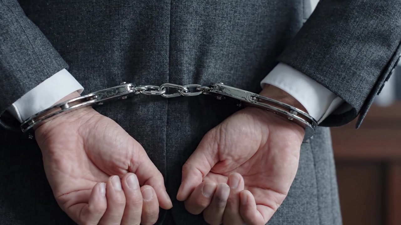 Nærbillede af en professionelt klædt person i håndjern, der fremhæver temaer som autoritet, retfærdighed og ansvarlighed i en fængslende juridisk kontekst