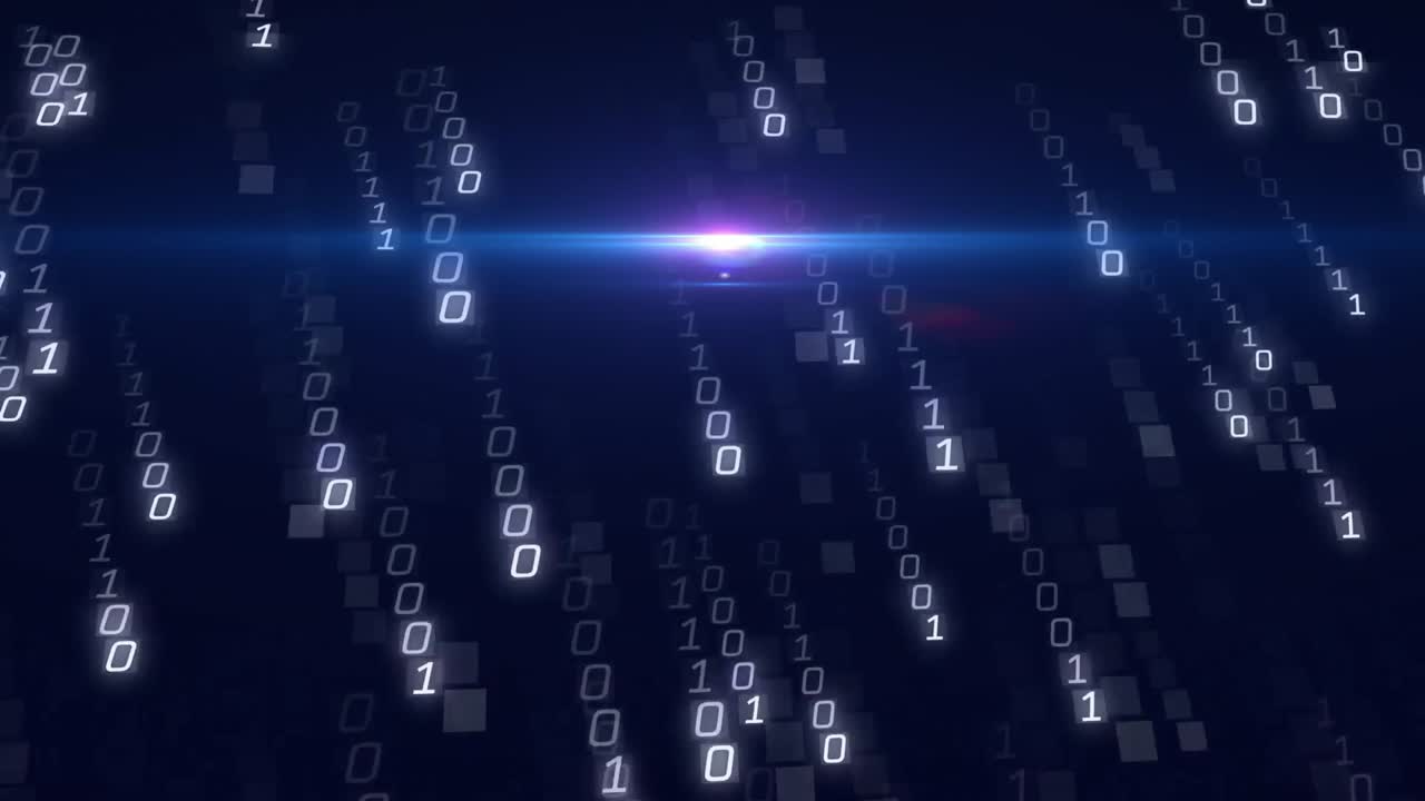 Upon lens flare sweeping across dark space, binary streams cascading, brightening showing data flow