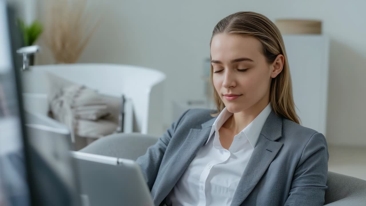Donna che si sposta, con blazer grigio, che risponde al monitor e gira la testa a casa con il laptop e la vasca da bagno