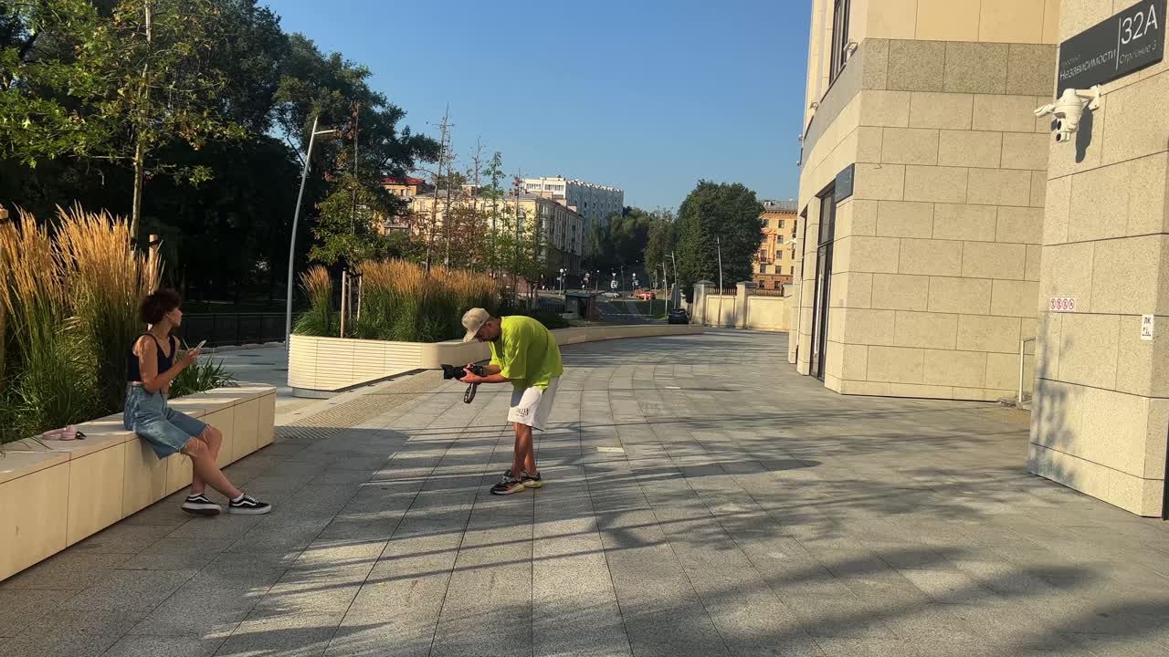 An urban scene with people on a street
