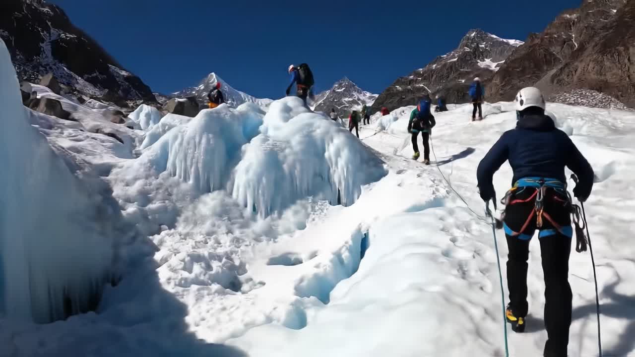 Teams of climbers ascend a towering glacier in the Andes, navigating icy terrain with determination. The bright blue sky enhances the breathtaking mountain views, showcasing nature's beauty.
