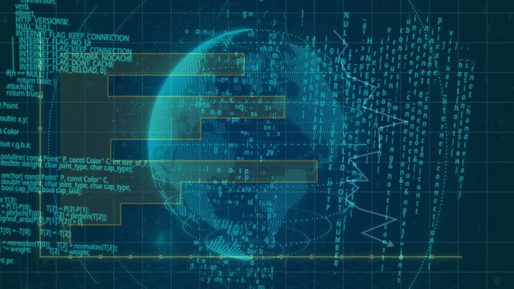 Digital globe with binary code and data processing animation over blue background