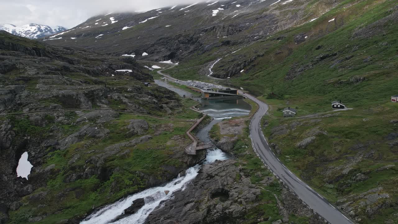 Aerial View of Trollstigen Road and Stigfossen Waterfall in Norway