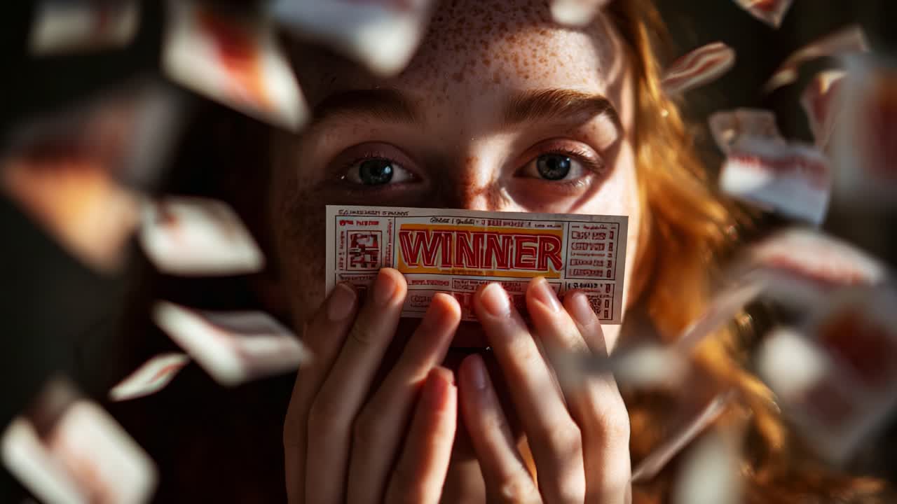 A young, excited individual revealing a winning ticket while surrounded by fluttering lottery slips, showcasing the thrill of victory and the surprise of unexpected good fortune